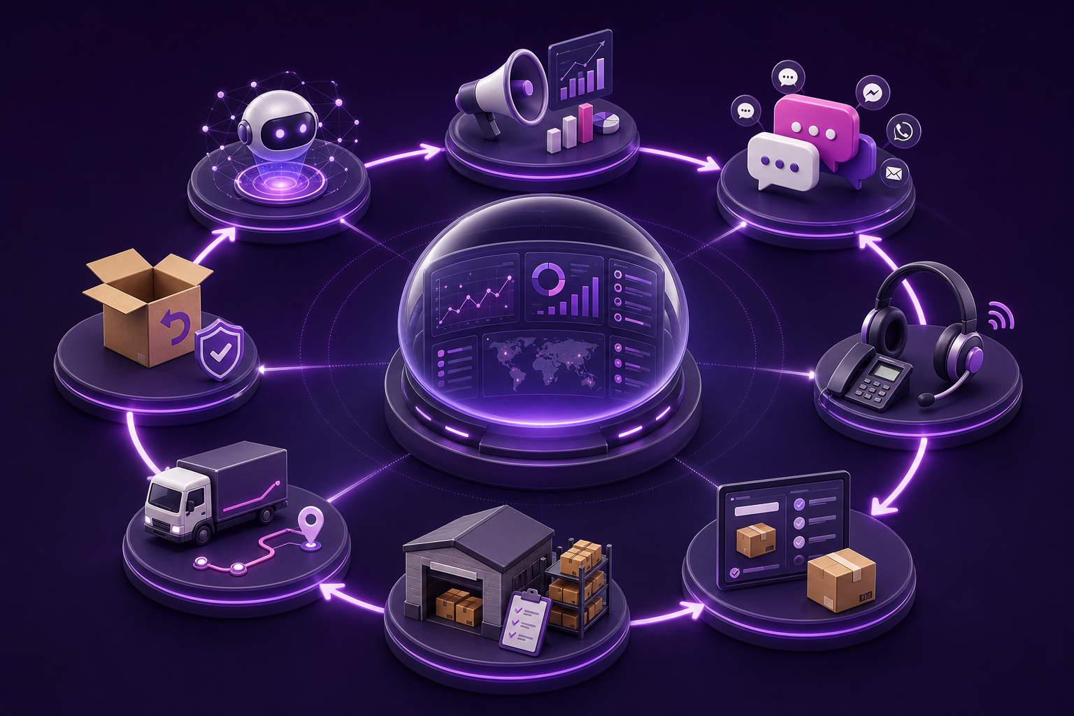 Marketing, messaging, call center, order, warehouse, courier, returns ও AI-কে যুক্ত করা ecommerce operation flow